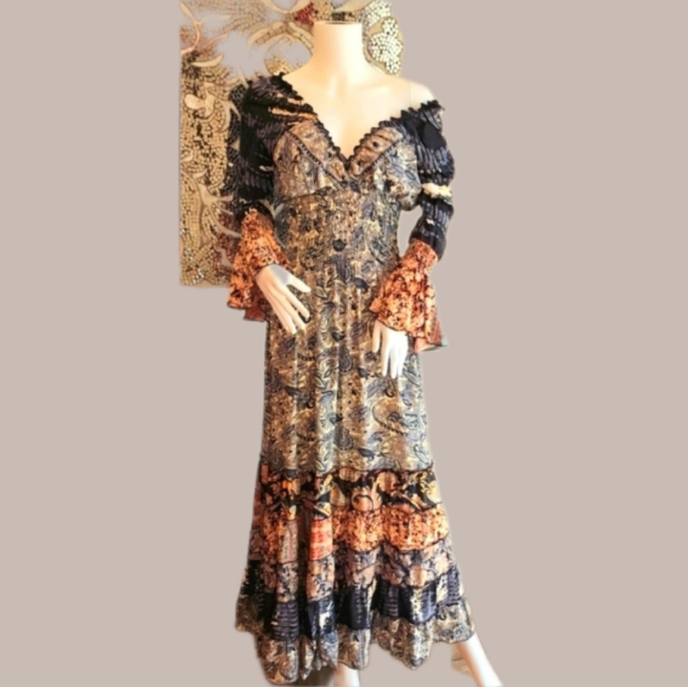 KARMA Highway BoHo Long Ruffle Hem Pattern Silky Dress OS 5 Colors Avail.